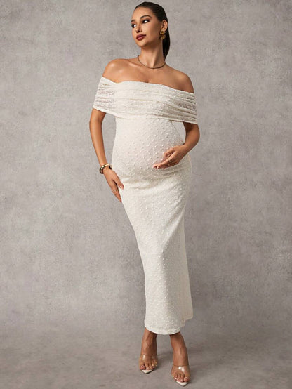 Maternity Off Shoulder Maxi Dress - Bodycon, Cap Sleeve, Apricot, Wedding