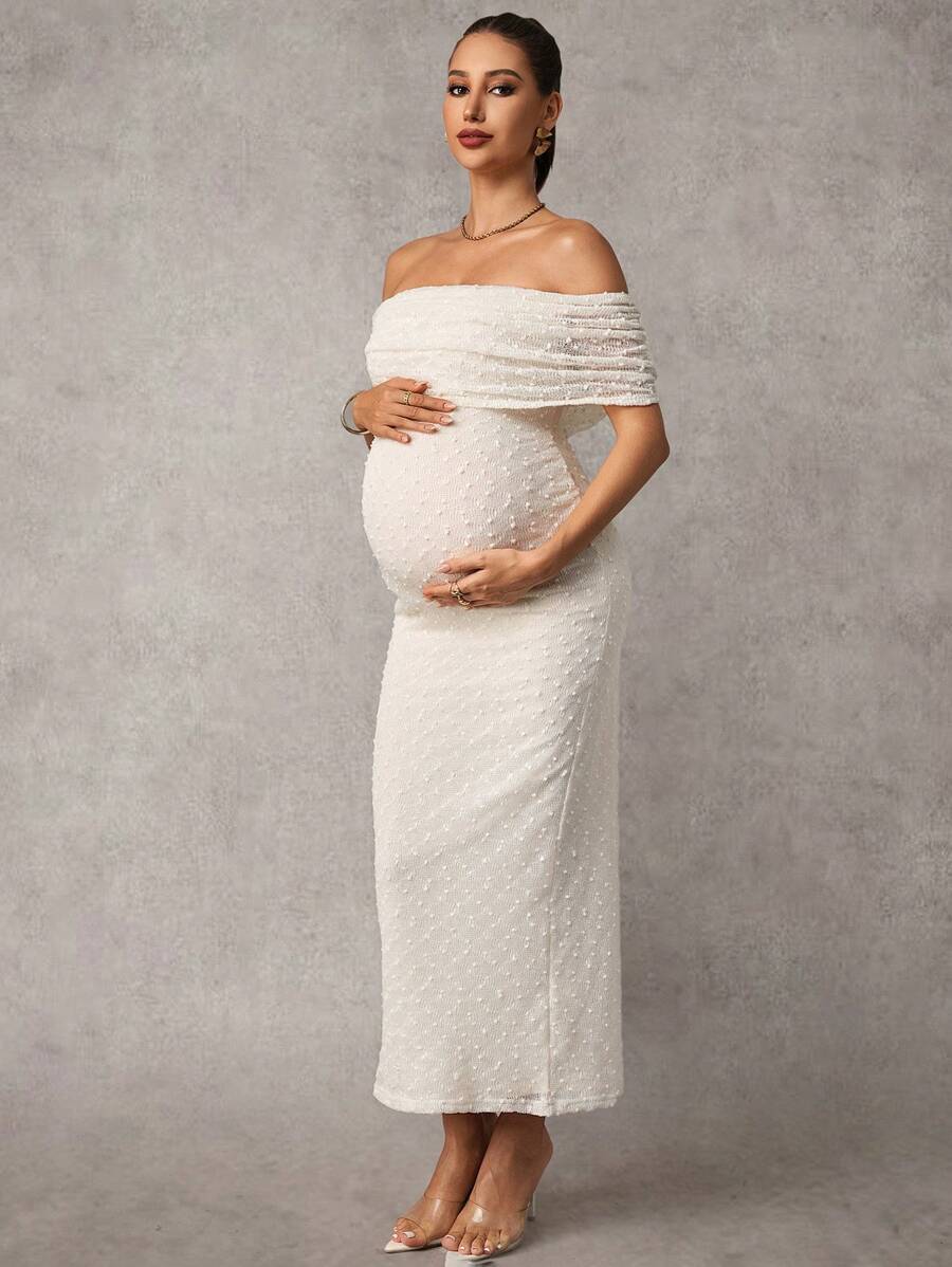 Maternity Off Shoulder Maxi Dress - Bodycon, Cap Sleeve, Apricot, Wedding