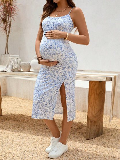 Maternity Dress - Floral Print Side Slit Sleeveless Elegant Vacation Soft Stretch, Summer Holiday