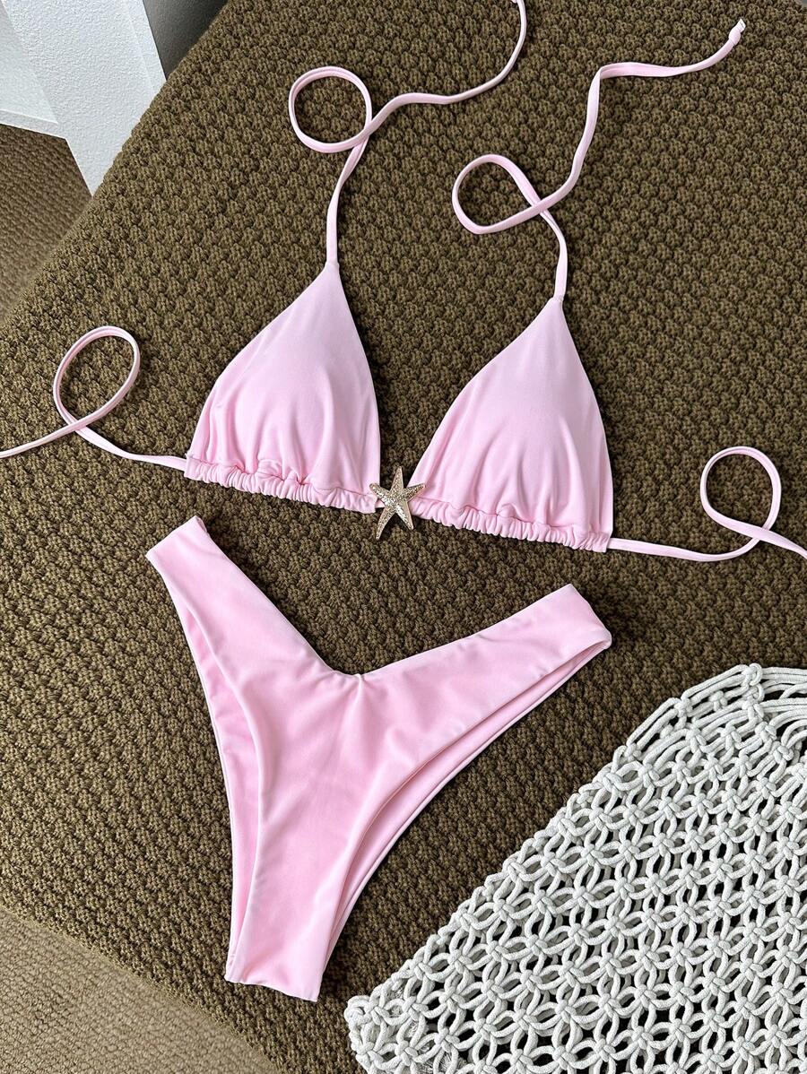 Swim Vcay Women's Solid Color Spaghetti Strap Metal Decor Sexy Bikini Set, Summer