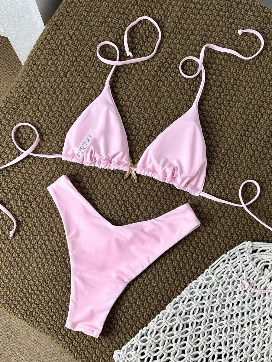 Swim Vcay Women's Solid Color Spaghetti Strap Metal Decor Sexy Bikini Set, Summer