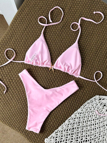 Swim Vcay Women's Solid Color Spaghetti Strap Metal Decor Sexy Bikini Set, Summer