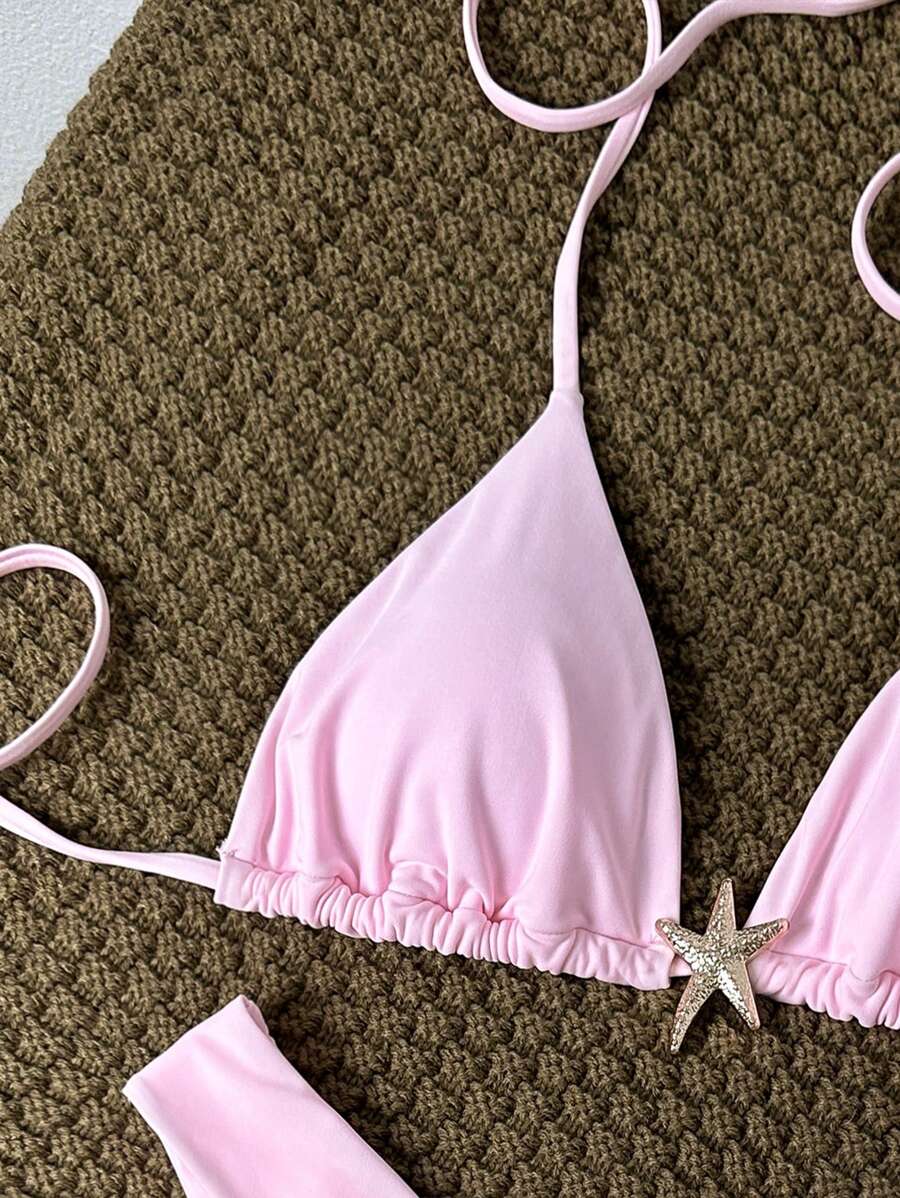 Swim Vcay Women's Solid Color Spaghetti Strap Metal Decor Sexy Bikini Set, Summer