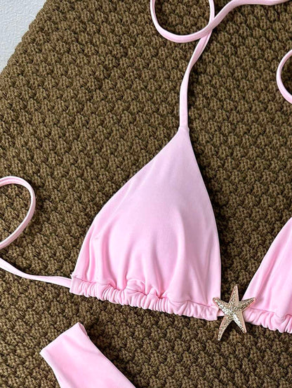 Swim Vcay Women's Solid Color Spaghetti Strap Metal Decor Sexy Bikini Set, Summer