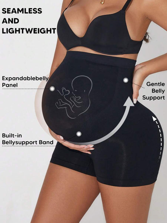 Plus Size High Waisted Maternity Belly Support Shorts - Expandable Panel (Black)