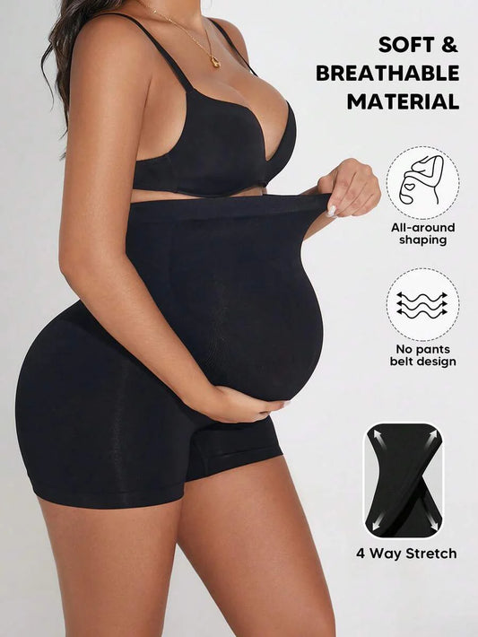 Plus Size High Waisted Maternity Belly Support Shorts - Expandable Panel (Black)