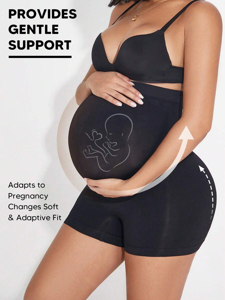 Plus Size High Waisted Maternity Belly Support Shorts - Expandable Panel (Black)