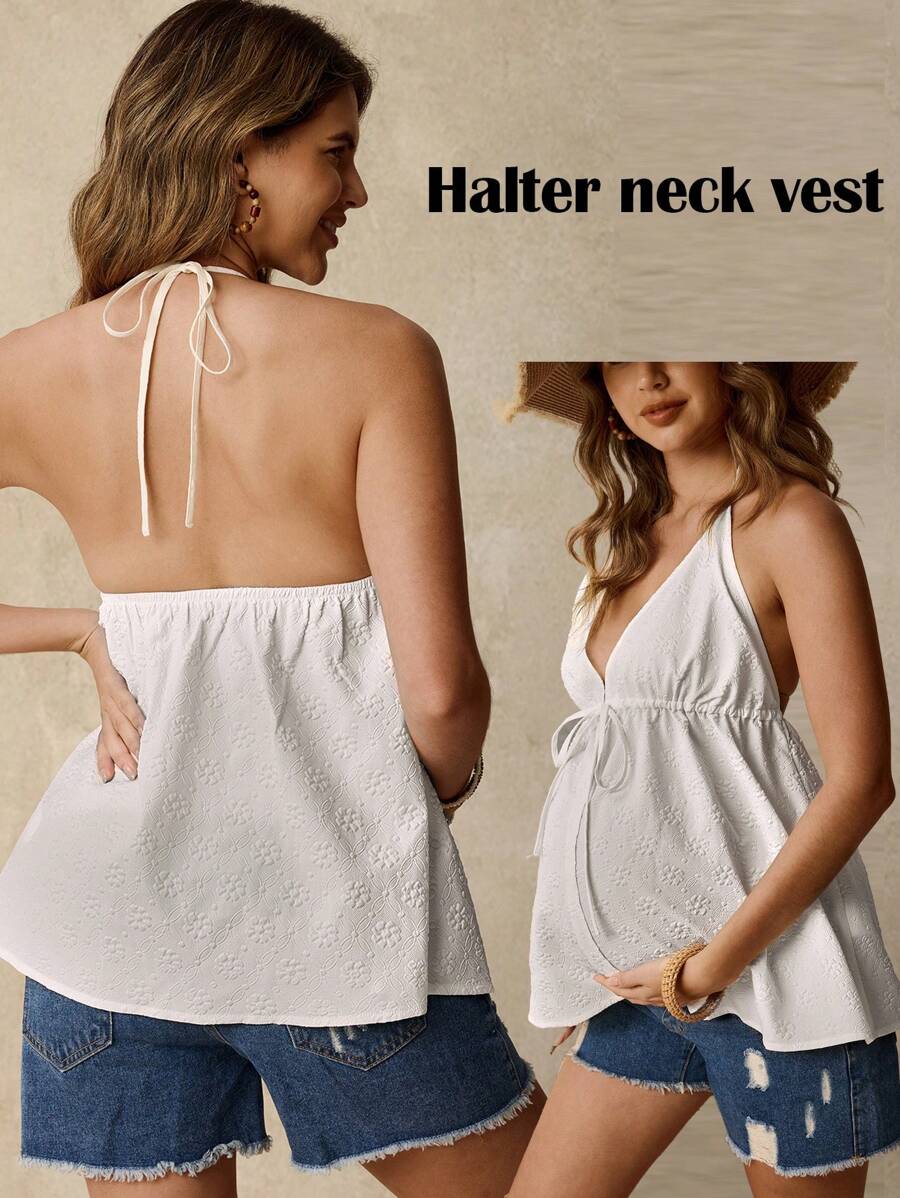 White Textured Drawstring Spaghetti Strap Maternity Cami - Boho Ruffle Flared Hem Beach Top - Summer Vacation Slim Fit Maternity Tank