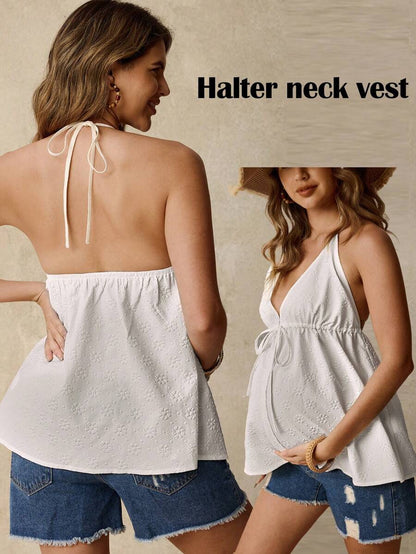 White Textured Drawstring Spaghetti Strap Maternity Cami - Boho Ruffle Flared Hem Beach Top - Summer Vacation Slim Fit Maternity Tank