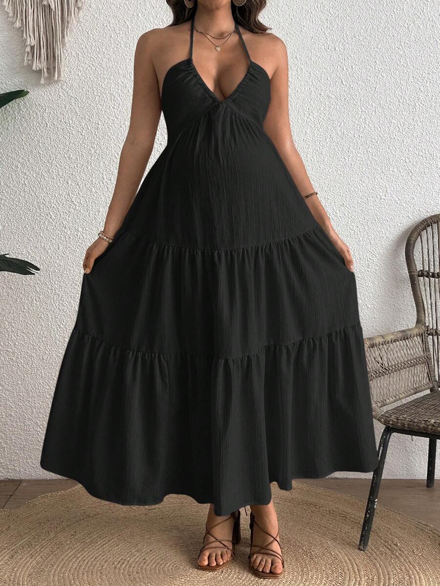 Cherish Maternity Solid Color Backless Maxi Maternity Dress Elegant Sleeveless V Neck Slim Fit Flowy Summer Gown Black