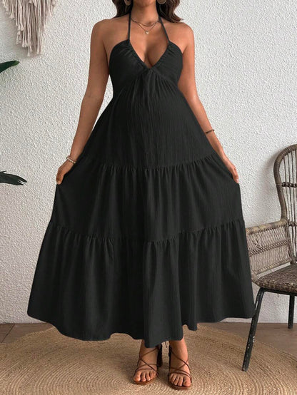 Cherish Maternity Solid Color Backless Maxi Maternity Dress Elegant Sleeveless V Neck Slim Fit Flowy Summer Gown Black
