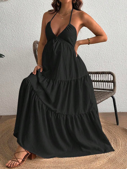 Cherish Maternity Solid Color Backless Maxi Maternity Dress Elegant Sleeveless V Neck Slim Fit Flowy Summer Gown Black