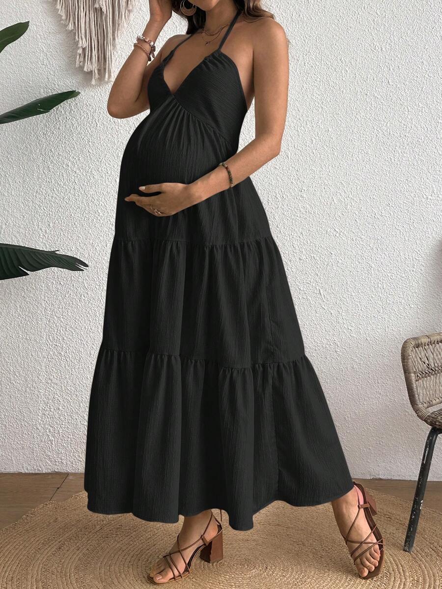 Cherish Maternity Solid Color Backless Maxi Maternity Dress Elegant Sleeveless V Neck Slim Fit Flowy Summer Gown Black