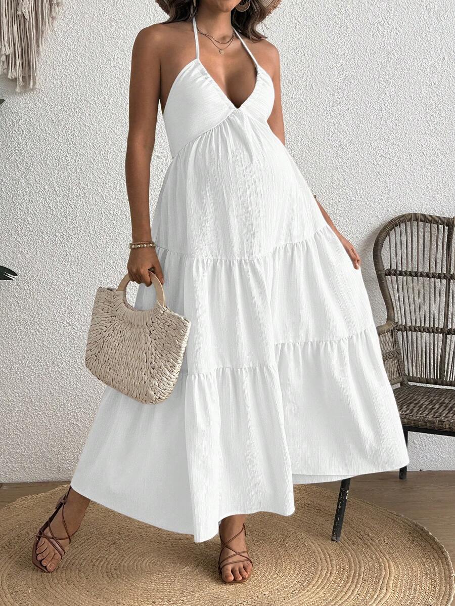 Cherish Maternity Solid Color Backless Maxi Maternity Dress Elegant Sleeveless V Neck Slim Fit Flowy Summer Gown Black