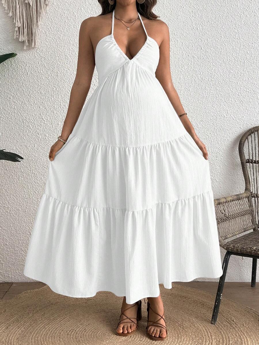 Cherish Maternity Solid Color Backless Maxi Maternity Dress Elegant Sleeveless V Neck Slim Fit Flowy Summer Gown Black