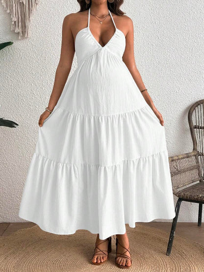Cherish Maternity Solid Color Backless Maxi Maternity Dress Elegant Sleeveless V Neck Slim Fit Flowy Summer Gown Black