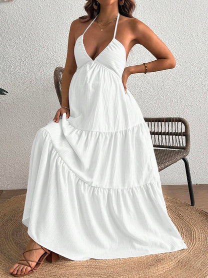 Cherish Maternity Solid Color Backless Maxi Maternity Dress Elegant Sleeveless V Neck Slim Fit Flowy Summer Gown Black