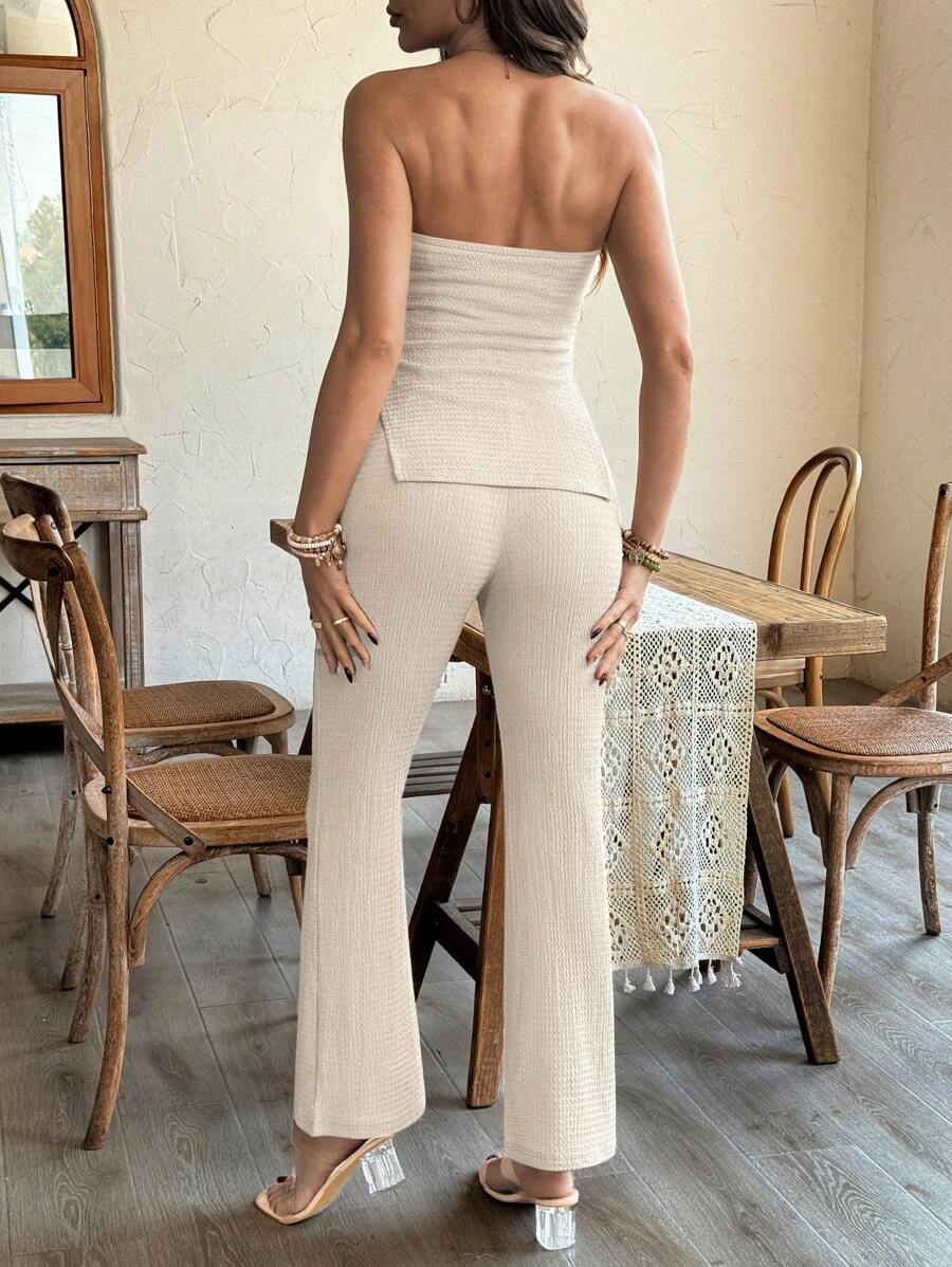 Maternity 2 Piece Set Strapless Bandeau Tube Top and Split Hem Flare Pants Slim Fit Knit Casual Pregnancy Outfit in Blue