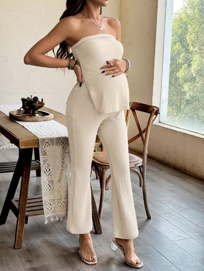 Maternity 2 Piece Set Strapless Bandeau Tube Top and Split Hem Flare Pants Slim Fit Knit Casual Pregnancy Outfit in Blue