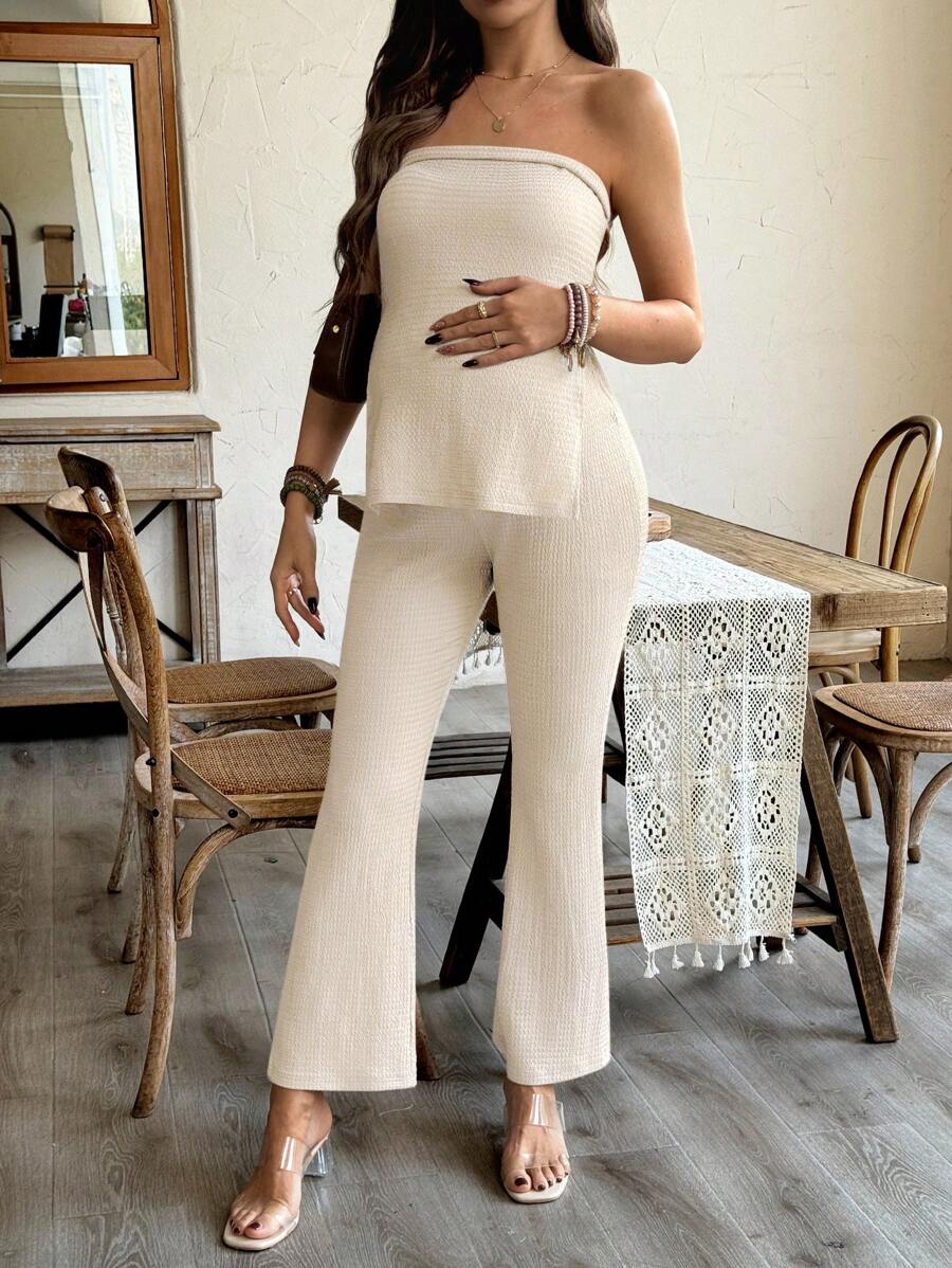 Maternity 2 Piece Set Strapless Bandeau Tube Top and Split Hem Flare Pants Slim Fit Knit Casual Pregnancy Outfit in Blue