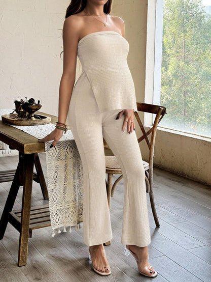 Maternity 2 Piece Set Strapless Bandeau Tube Top and Split Hem Flare Pants Slim Fit Knit Casual Pregnancy Outfit in Blue