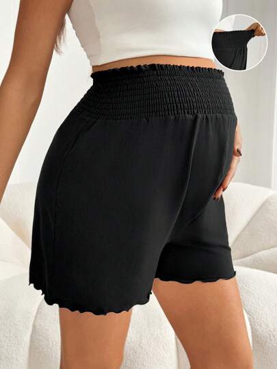 Black Maternity Belly Band Casual Shorts Solid Color Mid Waist Loose Fit Knitted Mini Shorts for Summer Lounging