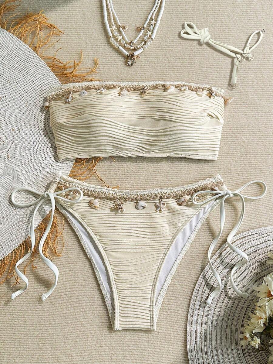 Women's 2-Piece Textured Bandeau Bikini Set - Shell Strap, Tie Side, Lace Up, White