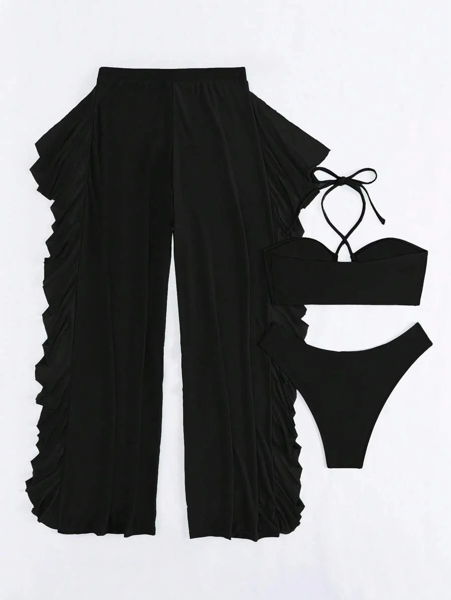 Women's 3-Piece Halter Bikini Set - Criss Cross, High Cut, Cover-Up Pants, White