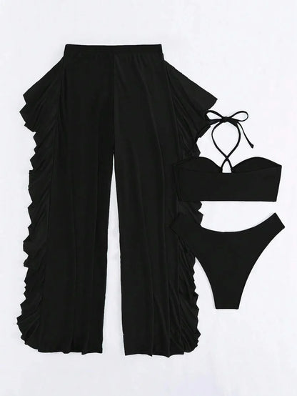 Swim Vcay 3pcs Set New Navy Blue Spring/Summer Halter Backless Crop Top, Trousers And Ruffle Hem Mesh Beach Pants Casual Vacation Bikini Swimwear For Women