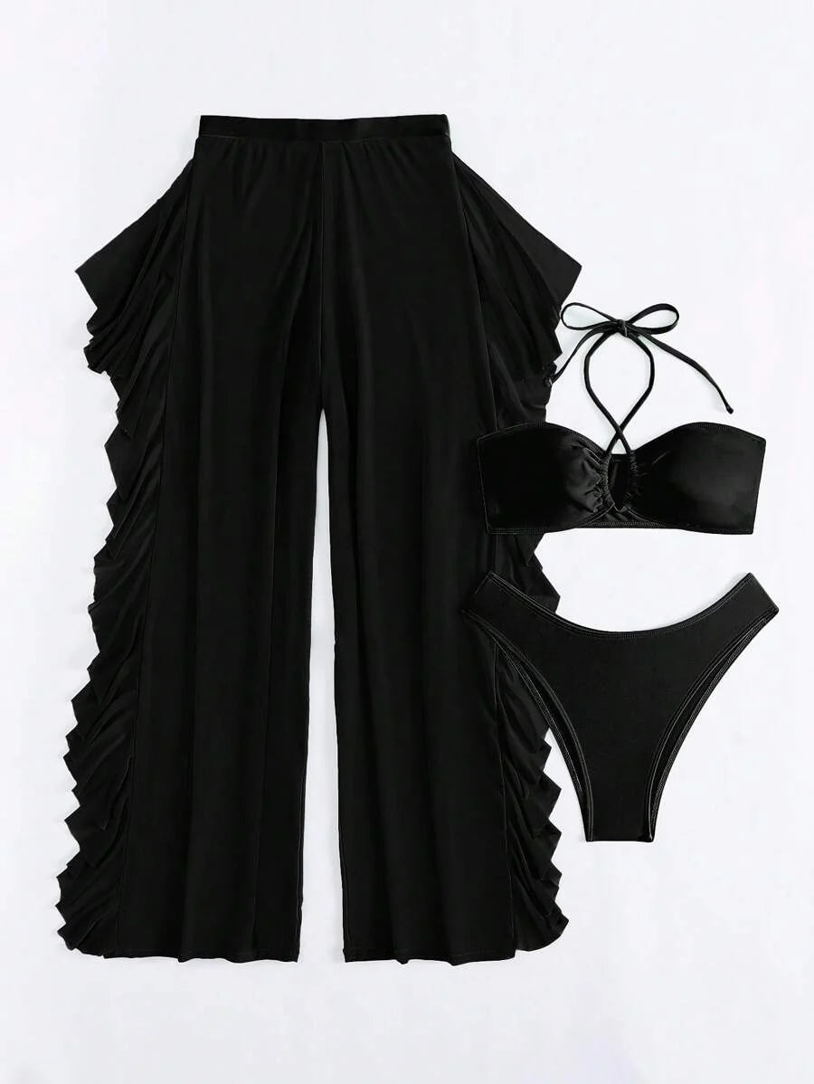 Swim Vcay 3pcs Set New Navy Blue Spring/Summer Halter Backless Crop Top, Trousers And Ruffle Hem Mesh Beach Pants Casual Vacation Bikini Swimwear For Women