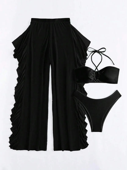Women's 3-Piece Halter Bikini Set - Criss Cross, High Cut, Cover-Up Pants, White