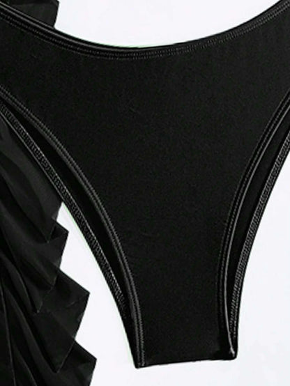 Swim Vcay 3pcs Set New Navy Blue Spring/Summer Halter Backless Crop Top, Trousers And Ruffle Hem Mesh Beach Pants Casual Vacation Bikini Swimwear For Women
