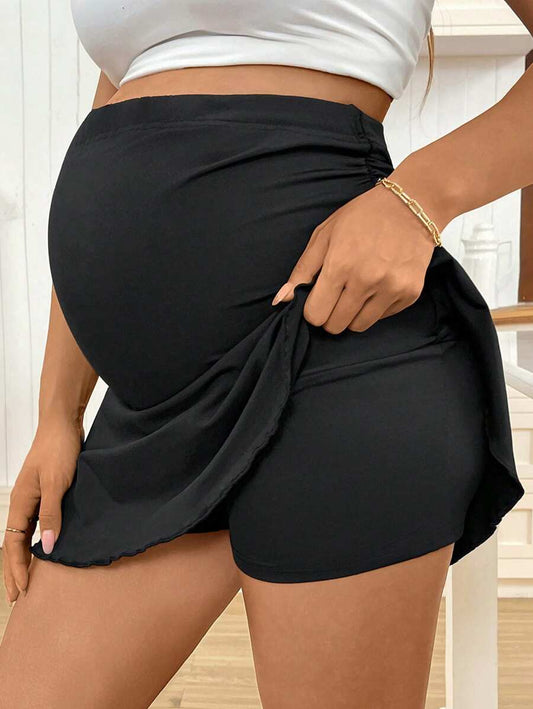 Maternity Ultra High Waist Casual Mini Skirt with Adjustable Waist and Ruched Details for Summer Garden Outfits in Black