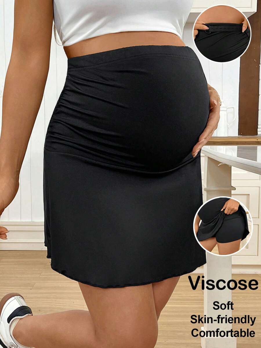 Maternity Ultra High Waist Casual Mini Skirt with Adjustable Waist and Ruched Details for Summer Garden Outfits in Black