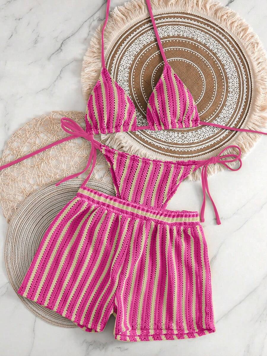 Women's 3-Piece Boho Crochet Bikini Set - Drawstring Cover-Up, Halter, Shorts, Royal Blue