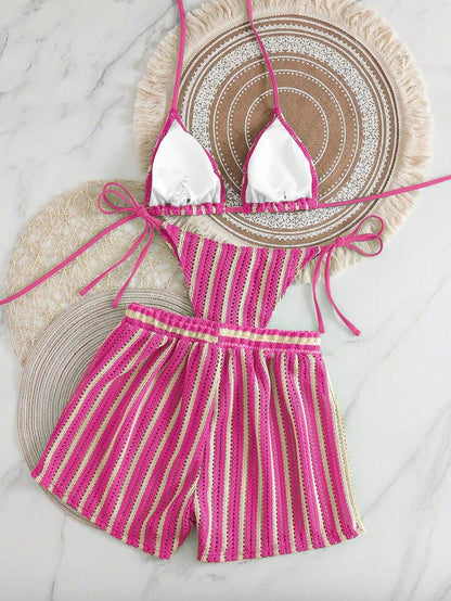 Women's 3-Piece Boho Crochet Bikini Set - Drawstring Cover-Up, Halter, Shorts, Royal Blue
