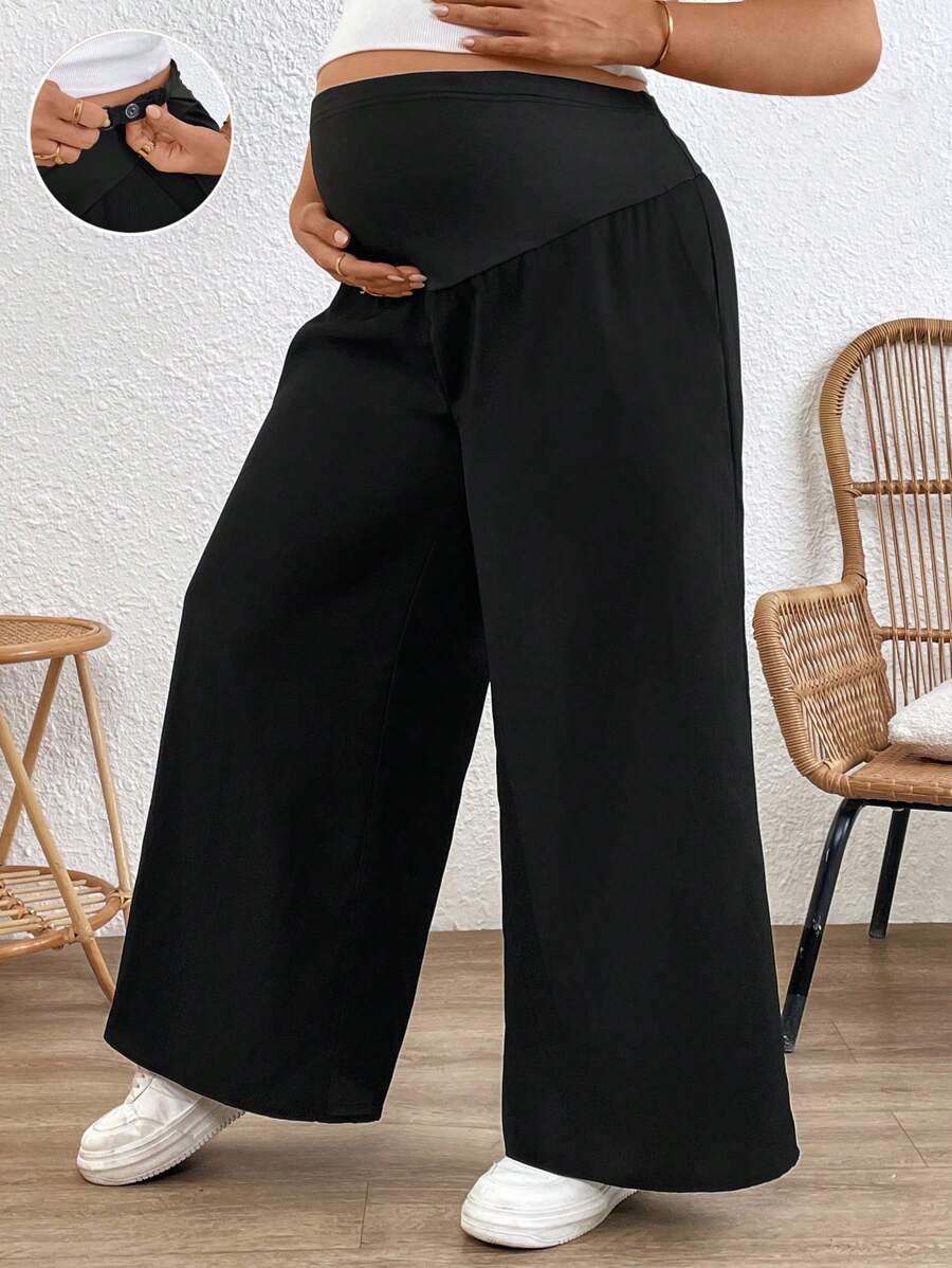 Plus Size Wide Leg Maternity Pants - Adjustable Ultra High Waist Loose Office Trousers