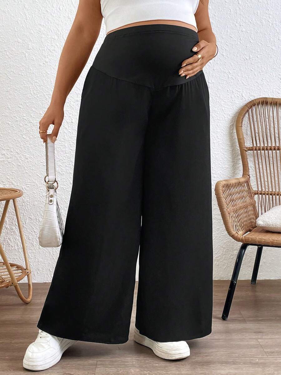 Plus Size Wide Leg Maternity Pants - Adjustable Ultra High Waist Loose Office Trousers