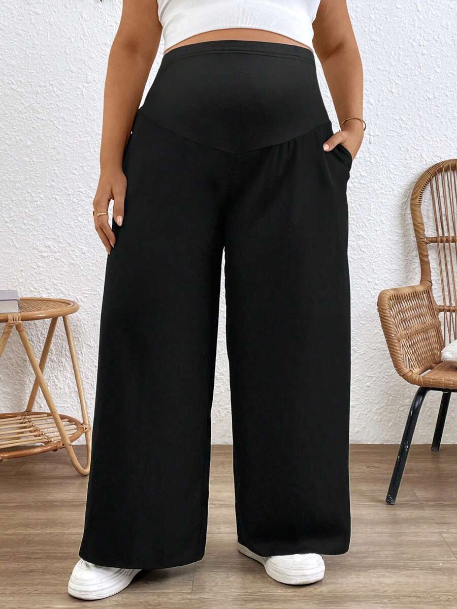 Plus Size Wide Leg Maternity Pants - Adjustable Ultra High Waist Loose Office Trousers
