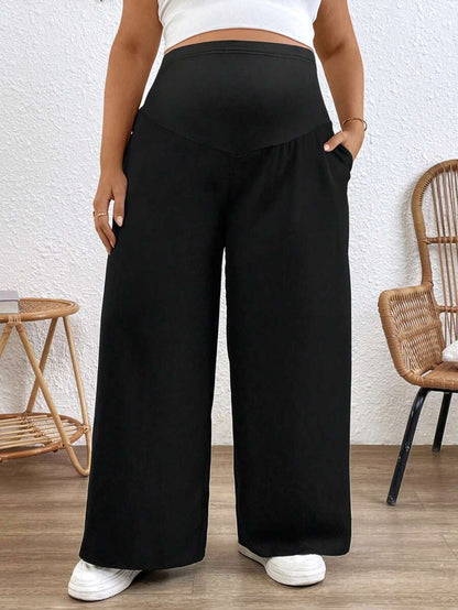 Plus Size Wide Leg Maternity Pants - Adjustable Ultra High Waist Loose Office Trousers