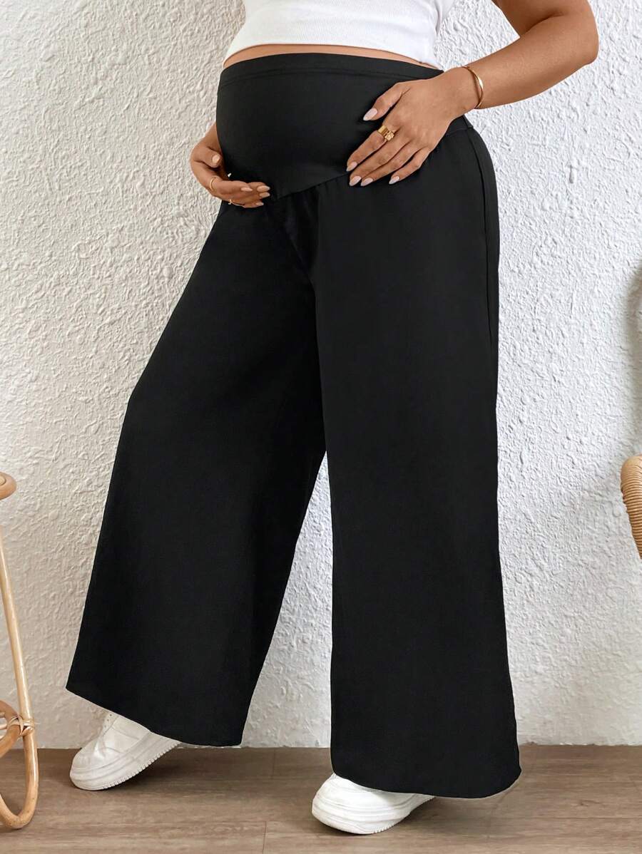 Plus Size Wide Leg Maternity Pants - Adjustable Ultra High Waist Loose Office Trousers