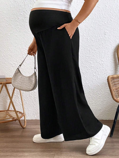 Plus Size Wide Leg Maternity Pants - Adjustable Ultra High Waist Loose Office Trousers