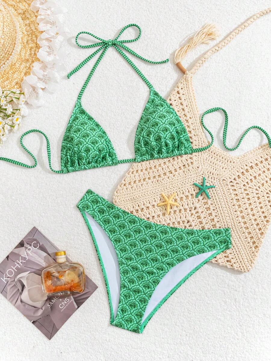 Swim Vcay Women's Summer New Contrast Color Striped Sexy Halter Triangle Cup Bikini Set