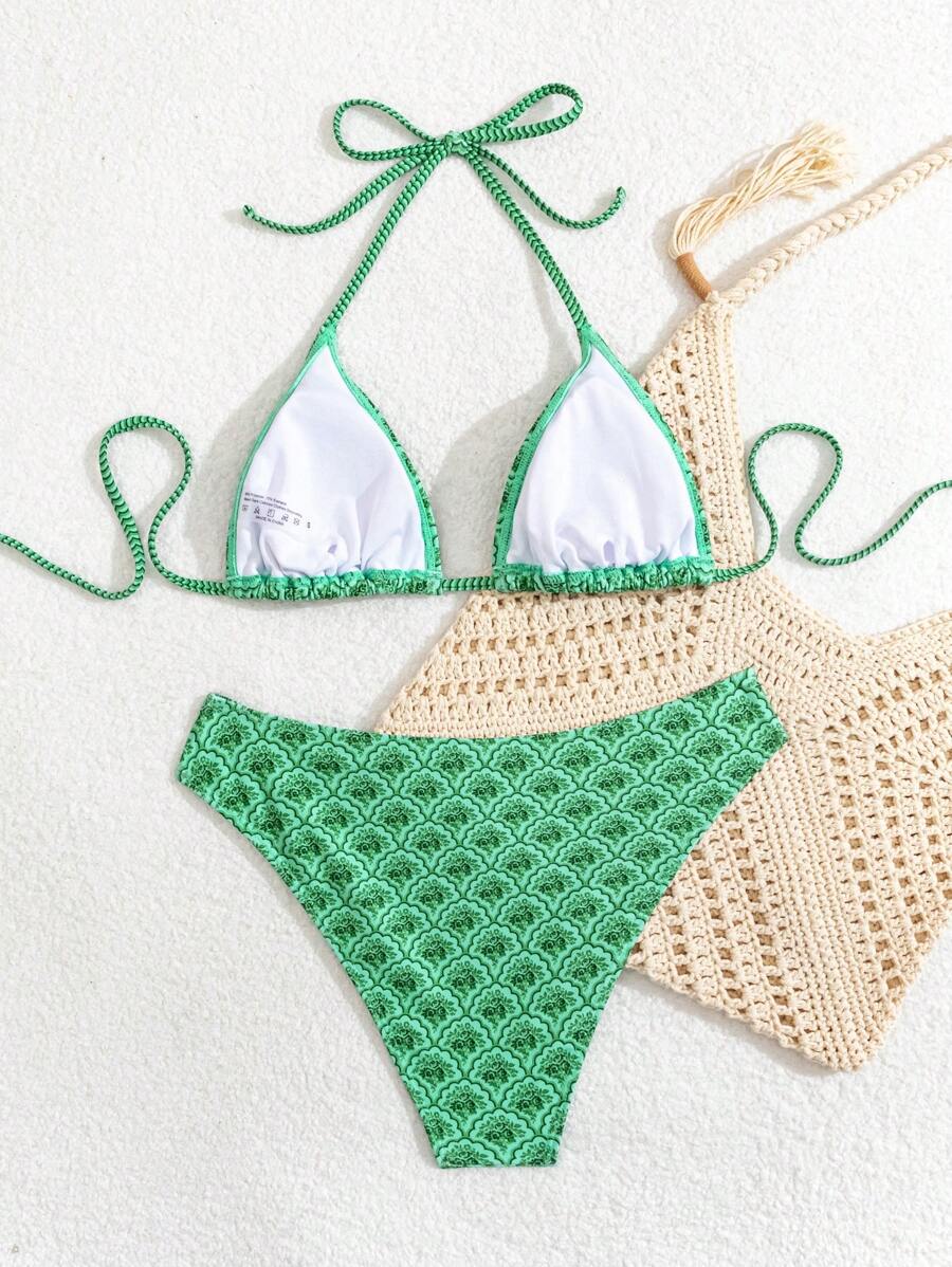 Swim Vcay Women's Summer New Contrast Color Striped Sexy Halter Triangle Cup Bikini Set