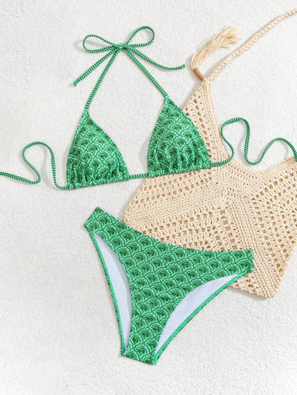 Swim Vcay Women's Summer New Contrast Color Striped Sexy Halter Triangle Cup Bikini Set