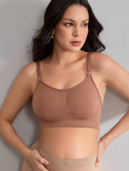 Coffee Brown Seamless Nursing Bra - Comfortable Wireless Maternity Bralette with Adjustable Straps and Easy Access Buttons