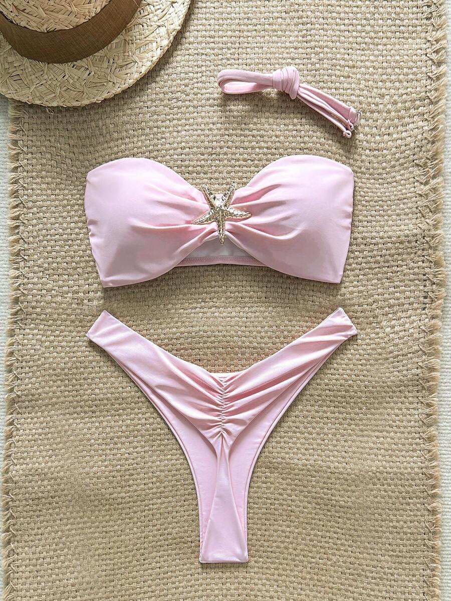 Swim Vcay Women's Solid Color Spaghetti Strap Starfish Metal Decor Sexy Bikini Set, Summer