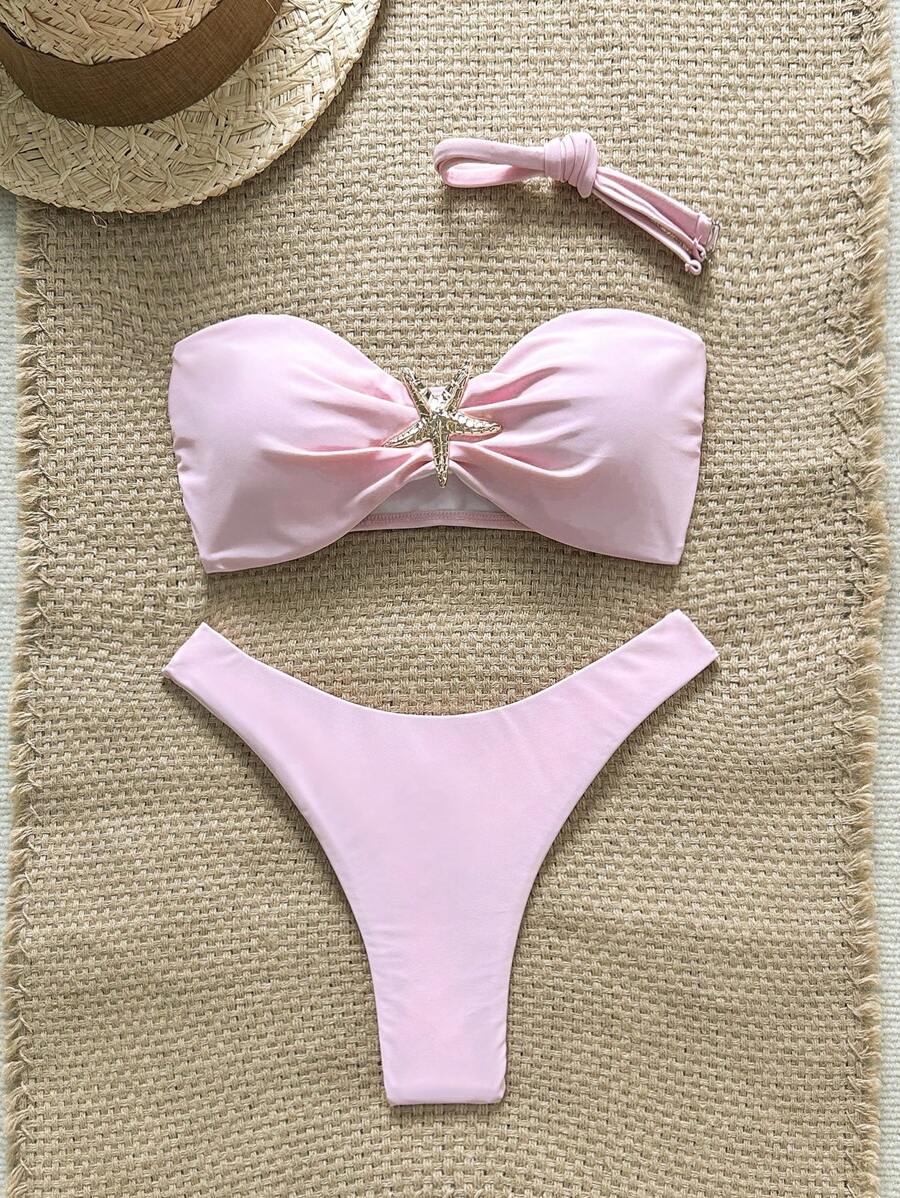 Swim Vcay Women's Solid Color Spaghetti Strap Starfish Metal Decor Sexy Bikini Set, Summer