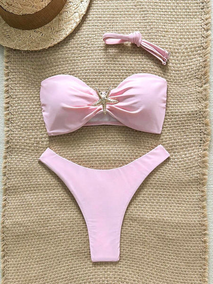 Swim Vcay Women's Solid Color Spaghetti Strap Starfish Metal Decor Sexy Bikini Set, Summer