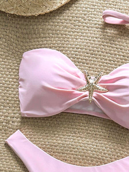 Swim Vcay Women's Solid Color Spaghetti Strap Starfish Metal Decor Sexy Bikini Set, Summer